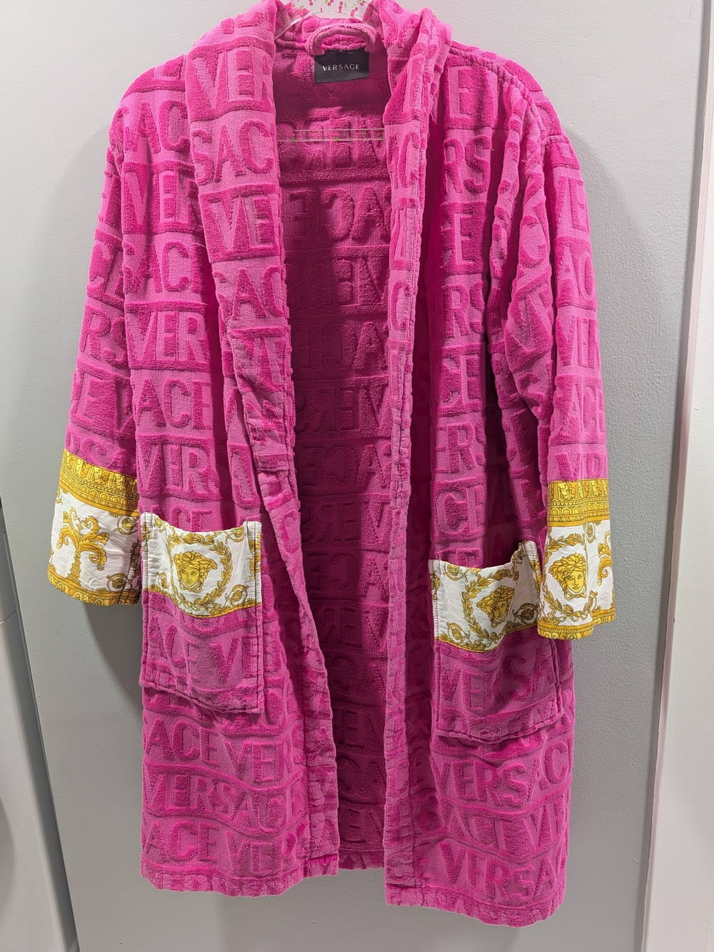Versace Fuchsia Logo Plush Robe With Baroque Medusa Trim